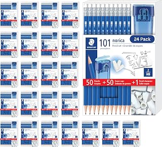 STAEDTLER Norica Pencil Set 50 Pencils + 50 Eraser Caps + Sharpener 24 Pack | Pre-sharpened, #2 HB Pencils, Double-Hole Sharpener, Break-Resistant Lead, School Pack