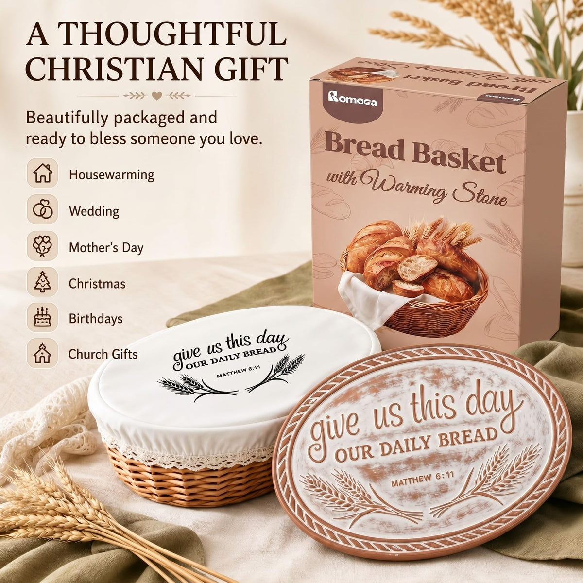 Romooa Bread Basket with Terracotta Warmer, Engraved Stone, Natural