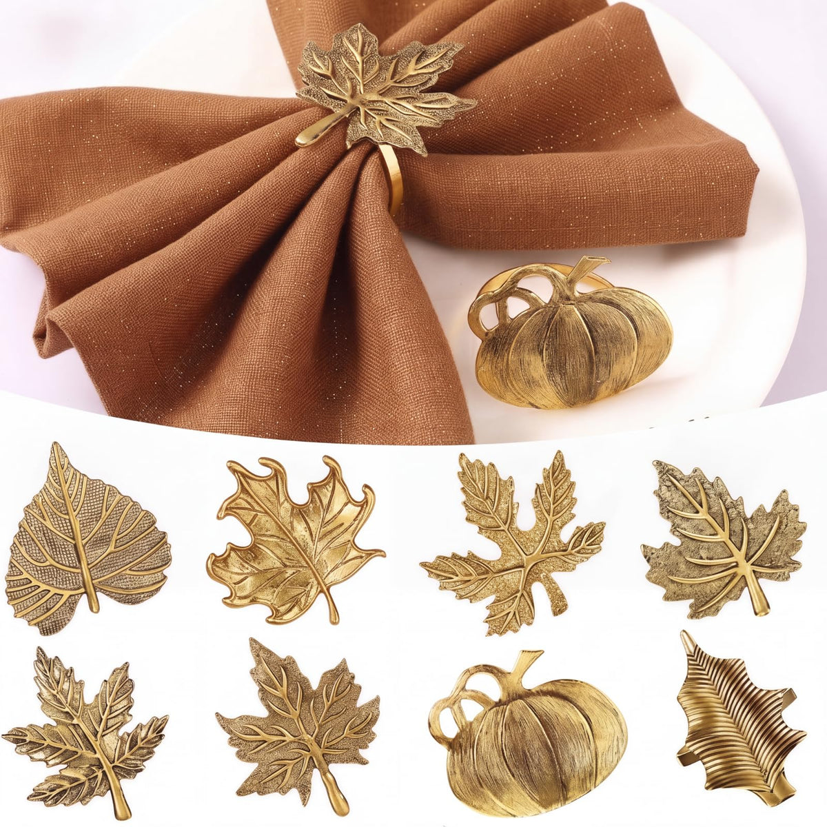 Patelai Pumpkin Napkin Rings, Set of 24, Assorted Fall Leaf and Pumpkin Shapes