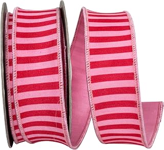 Reliant Ribbon Bar Striped Dupioni Deluxe Backed Wired Edge Ribbon, Pink/red