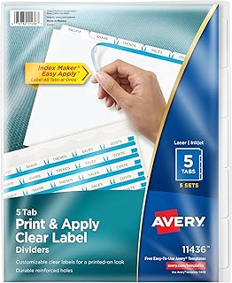 Avery Index Maker® Clear Label Dividers, 5-Tab, White, 50 Sets