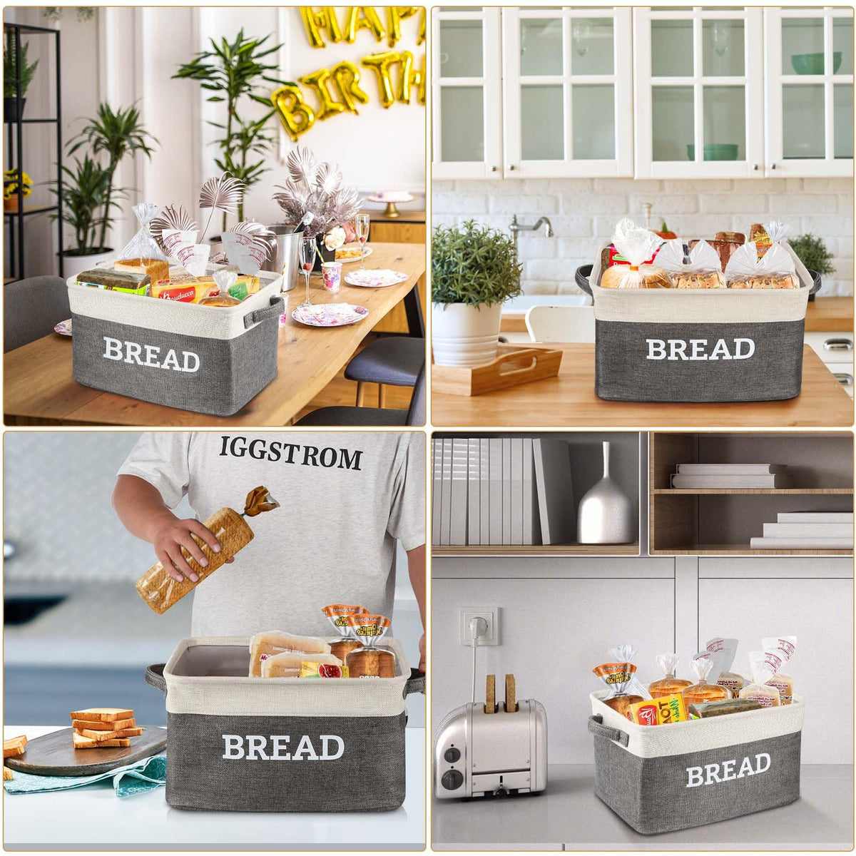 Lukeline Fabric Bread Basket, Foldable Linen Bin with Handles, White and Grey