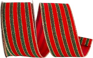 Reliant Ribbon Glitter Stripe Velvet Wired Edge, Red/Green, 2-1/2 Inch, 10 Yards