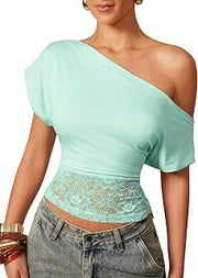 Women's Lace Tops Off The Shoulder T Shirts Summer Y2K Outfits