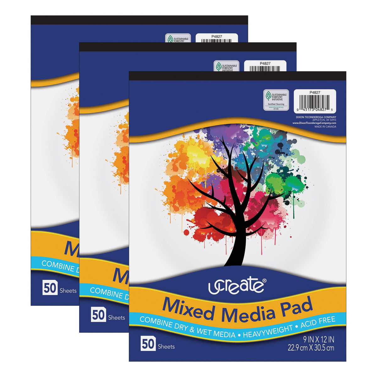Mixed Media Pad by UCREATE – 9 x 12 inches, Paper, White, Pack of 3, Model PAC4827-3
