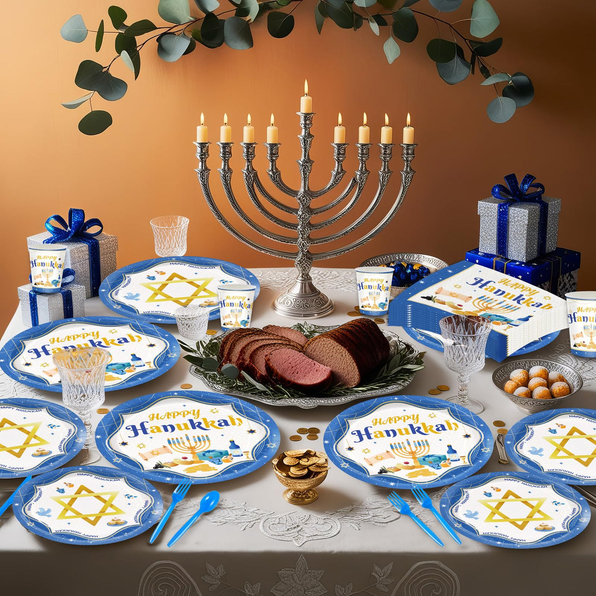 JVORFDG Hanukkah Party Plates And Napkins Set, 168 Pieces For 24 Guests