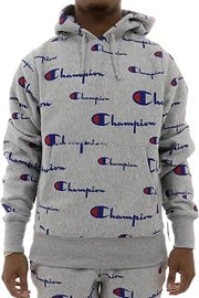 Champion Men's Reverse Weave Pullover Hood-Print, Diagonal Tonal Script Oxford Grey, Medium