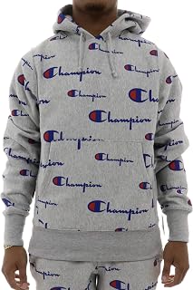 Champion Men's Reverse Weave Pullover Hood-Print, Diagonal Tonal Script Oxford Grey, Medium