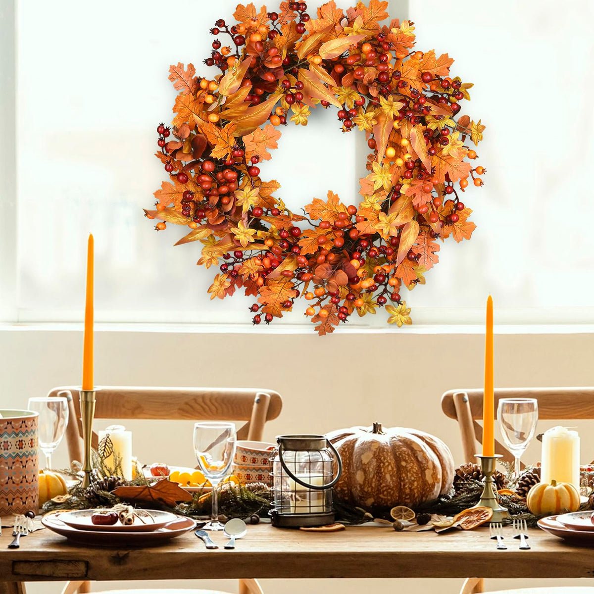 BHHDA Autumn Wreath, 24 Inch Berry Maple Leaf, Fall Decor