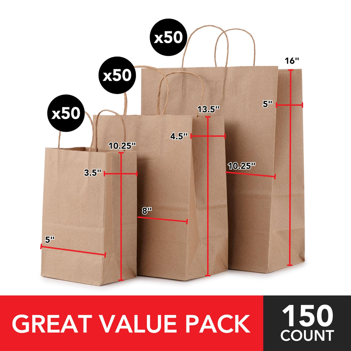 Brown Kraft Paper Bags with Handles Variety Pack (150 Count) by Stock Your Home – Variety Pack, Paper, Brown, Pack of 150, Model 3640