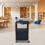 Multipurpose Adjustable Height Steel A/V Utility Cart with Cabinet - Black by Luxor – 24"W x 18"D x 24 to 42"H, Stainless Steel, Black, Model AVJ42C