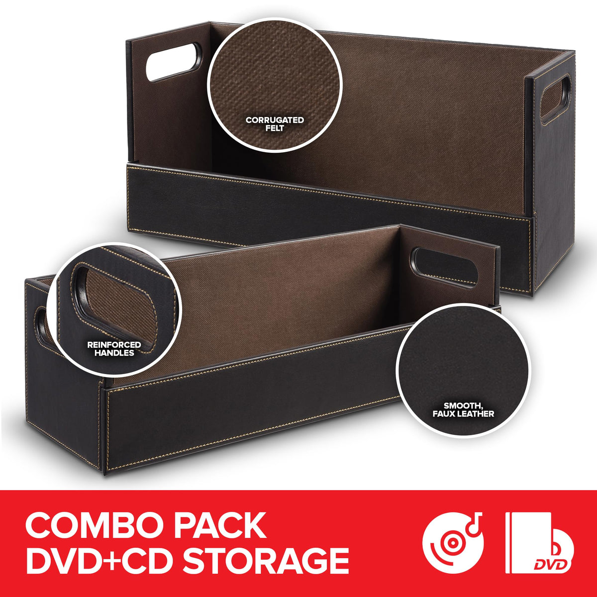 Faux Leather DVD & CD Storage Box - Movie Shelf Organizer for Blu-Ray by Stock Your Home – 17.75 inches (L) x 6.75 inches (H) x 8 inches (D), Faux Leather, Felt, Gray/Espresso