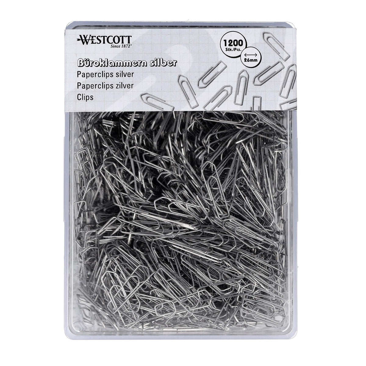 Paper Clips Silver Pack of 1200 | Storage Pack Paper Clips 26 mm | Practical Plastic Box | Galvanised | File Clips for Office and Household by Westcott – Model E-10643 00