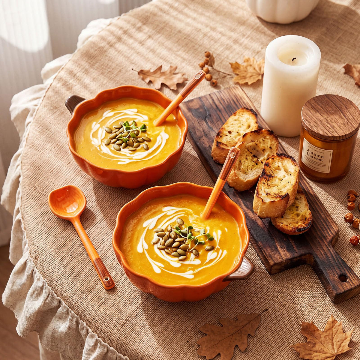 Rtteri Ceramic Pumpkin Soup Bowls with Spoons, 19 oz, Set of 6