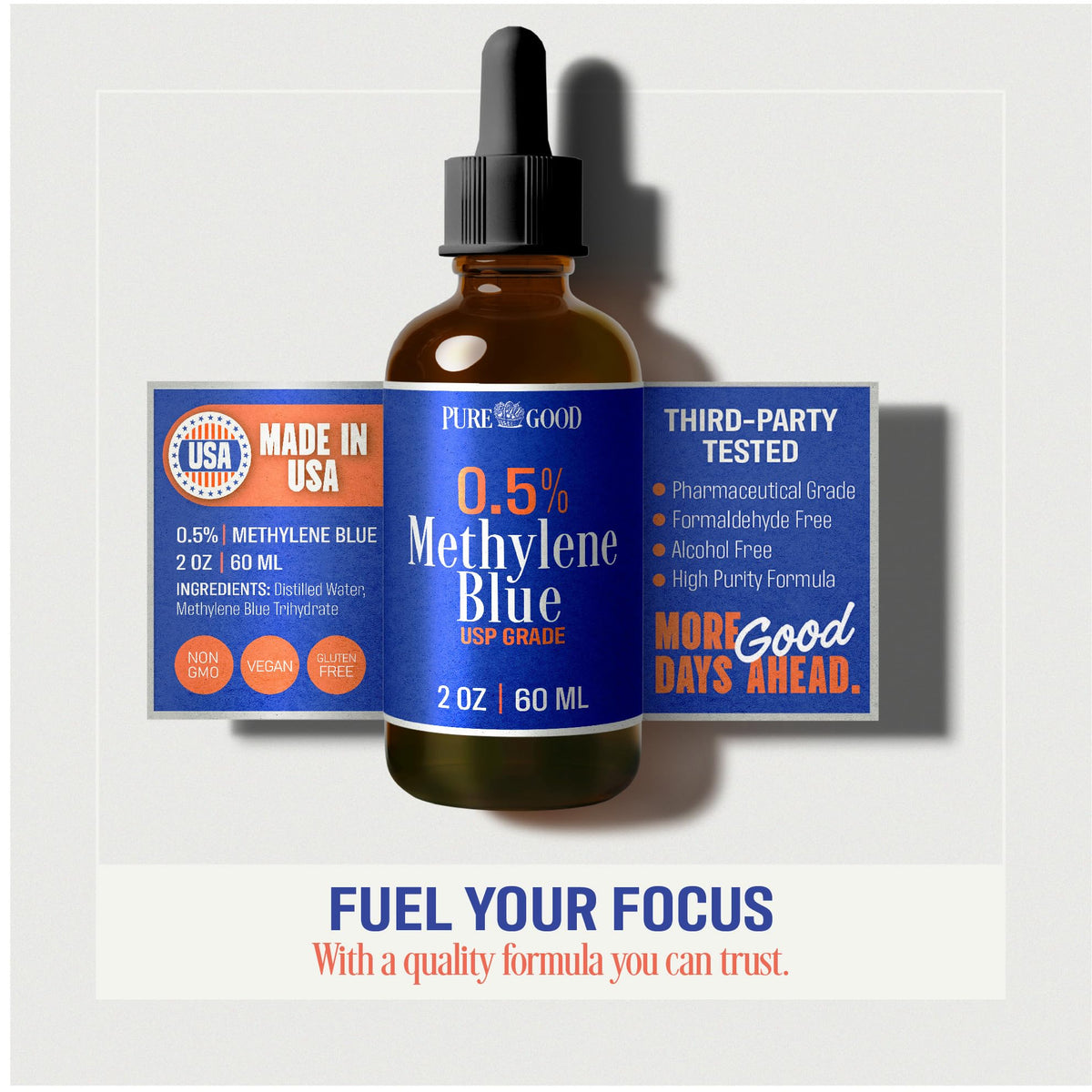 Methylene Blue 0.5% Liquid by PureGood – 2 Ounces, 60.0 milliliters, Glass, Amber, Model PG 1036