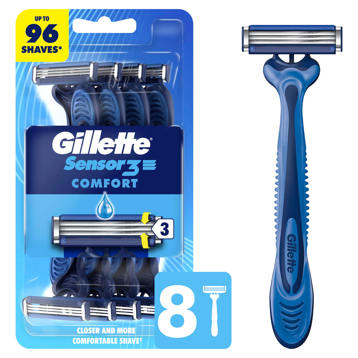 Gillette 1 Count (Pack of 8) / Sensor3 Comfort (8ct) / Blue Disposable Razors