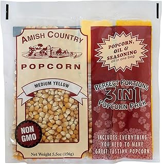 Amish Country Popcorn All-In-One Medium Yellow Kernel Popcorn Packs | Pre-Measured for Popcorn Machines and Includes Hulless Popcorn, Oil & Salt (5.5 ounce, Pack of 24)