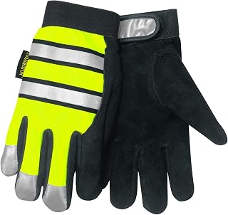 MCR Safety 958M Luminator Unlined Black Split Deer Skin Palm High Visibility Multi-Task Gloves with 3M Reflective Tape, Lime/Black, Medium, 1-Pair