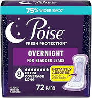 Poise Overnight Incontinence Pads for Women, 8 Drop, 72 ct
