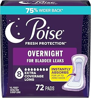 Poise Overnight Incontinence Pads for Women, 8 Drop, 72 ct