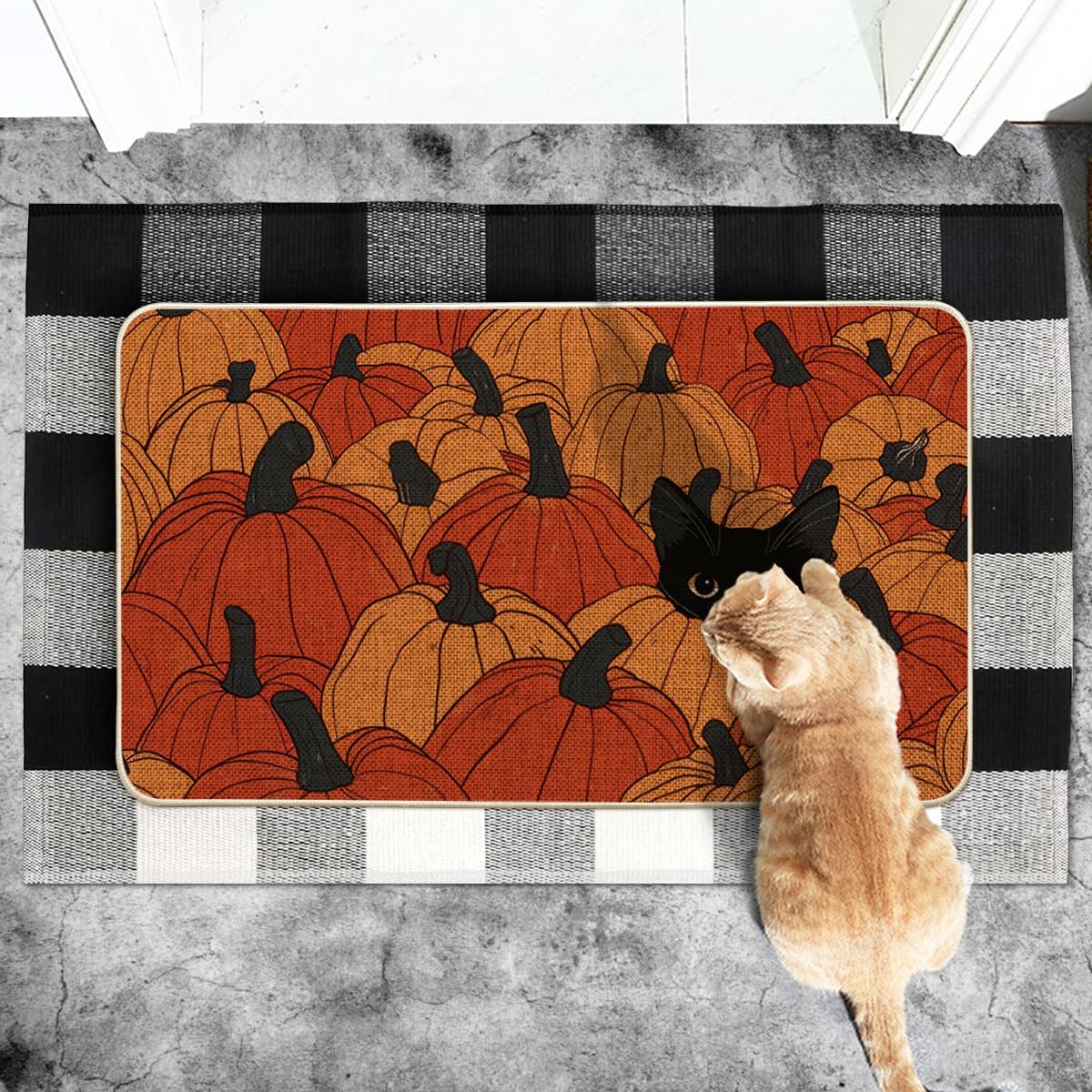 Artoid Mode Black Cat Pumpkin Doormat, 17 x 29 Inch, Orange