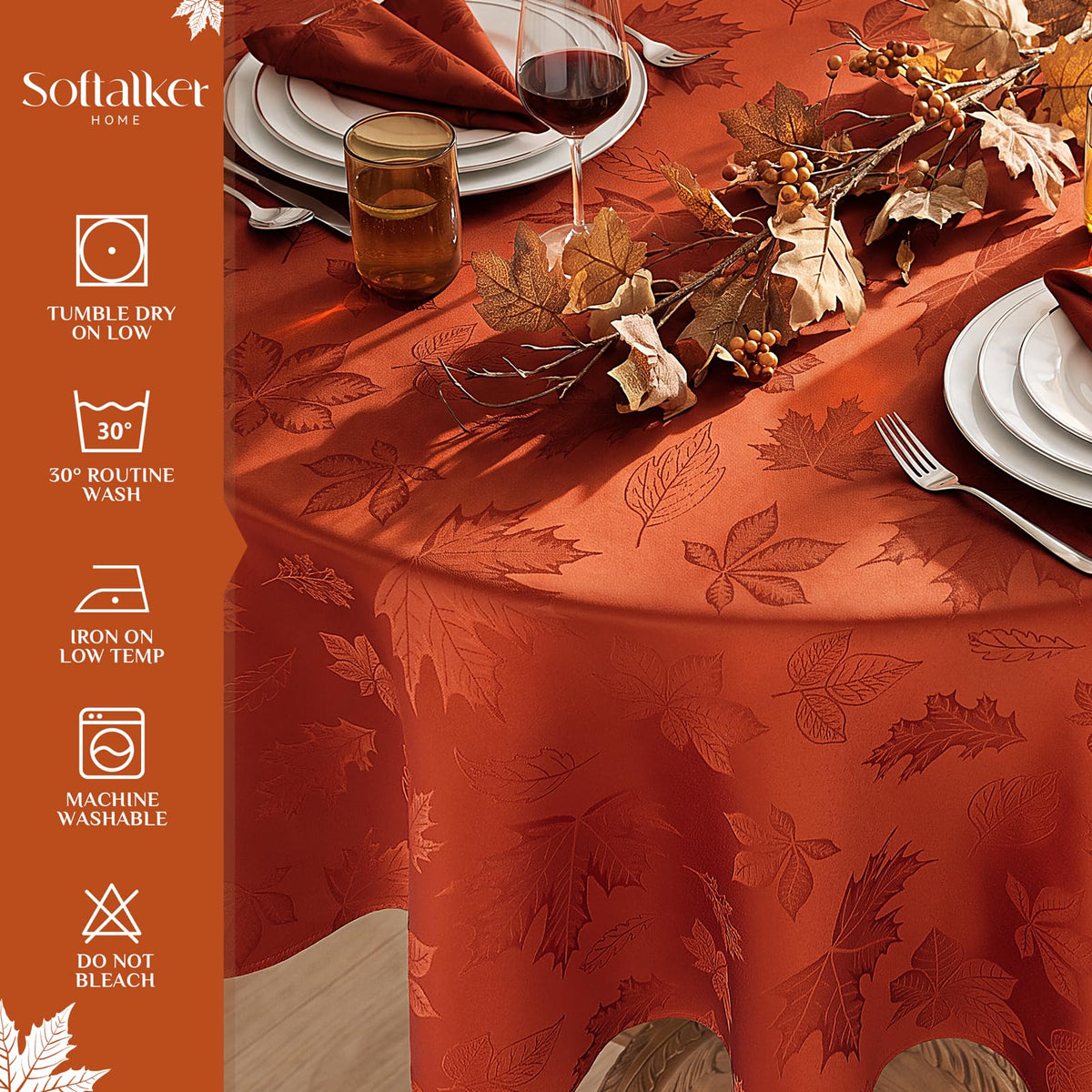 Softalker Jacquard Round Tablecloth, 70 Inch Diameter, Maple Burnt Orange