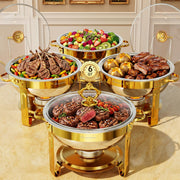 IMXSUMDA Round Chafing Dish Set, 6 Quart Capacity, 4 Pack with Glass Lids, Gold