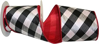 Reliant Ribbon Checkered Spray Wired Edge Ribbon, 4 Inch X 5 Yards, Black/white