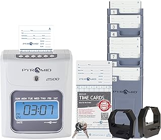Pyramid Time Systems 2500 Auto-Aligning Time Clock Bundle [2500K1] | Employee Time Clock, for Small Business, System With 100 Time Cards, 2 Ribbon Cartridges, 10-Slot Rack & Security Keys