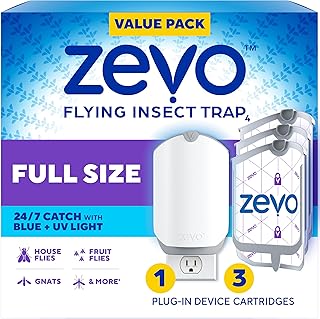ZEVO Flying Insect Trap for Fruit Flies & Gnats, 1 Plug-in Base & 3 Refills | Catches Fruit Flies & Gnats Near Fruit Bowls & Trash Bins, Spray-Free, Odor-Free, Blue & UV Light Trap, Safe for Kids & Pets*