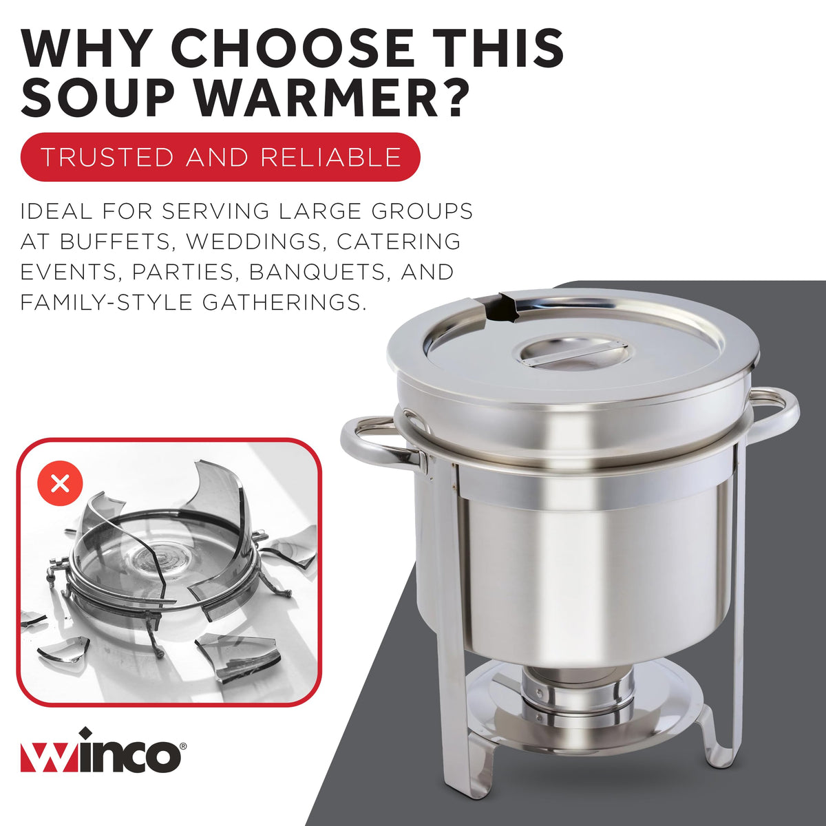 Stainless Steel Marmite Soup Chafer 11qt Round W/ Cover & Fram by Winco – Medium, 11.0 quarts, Stainless Steel
