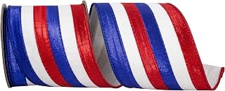 Reliant Ribbon Patriotic Metallic Stripes Deluxe Dupioni Backed Wired Edge Ribbon, Red/White/Blue