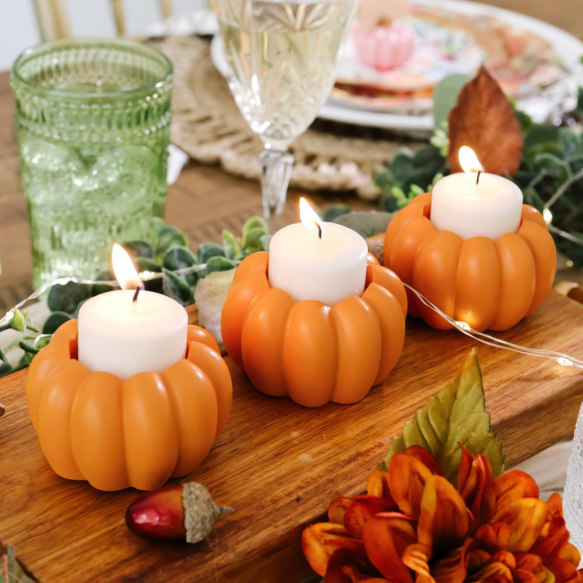 Kate Aspen Pumpkin Candle Holder Set, Resin Orange, Set of 6