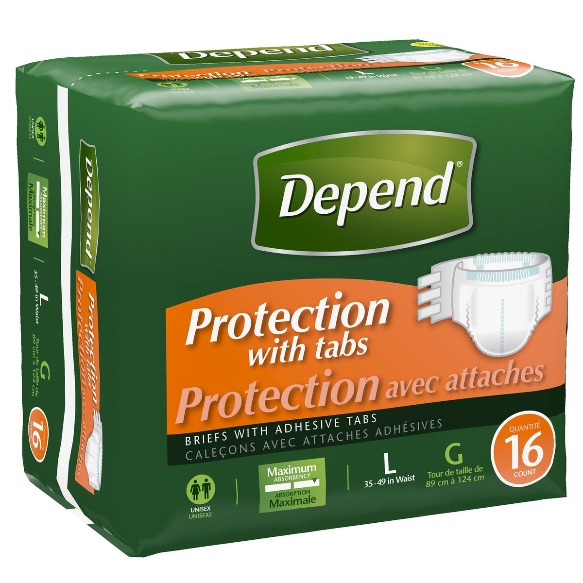 Protection with Tabs Maximum Absorbency by Depend – Large (Pack of 48), Polypropylene, Polyethylene, Cloth-like, White, Pack of 3, Model 35458