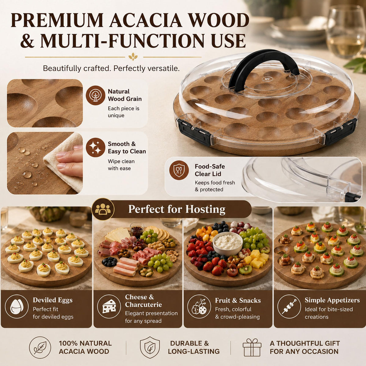 JNSTONGHM Deviled Egg Platter, Acacia Wood with Lid, 24 Slots