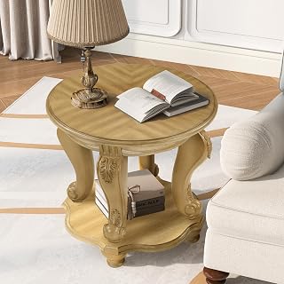 22" Vintage Crafted Coffee Table, Round Coffee Table with Heat Resistant Surface, Mesa De Centro para Sala with Storage Shelf for Living Room, Antique Natural