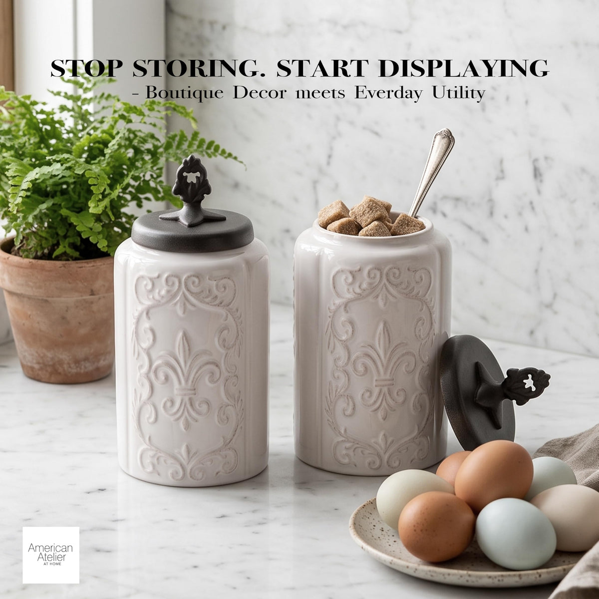 Floral Ceramic Kitchen Canister Set w/Clamp Lid White 2 PC by American Atelier – 2 Large, 300.0 milliliters, Stainless Steel, Antique White, Pack of 2