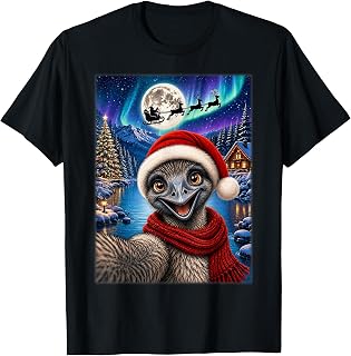 Emu Bird Christmas Selfie Full Moon Night Santa Sleigh Xmas T-Shirt