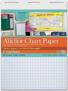 Pacon PAC3372 Heavy Duty Anchor Chart Paper, 1" Grid Ruled, 27" Width, 34" Length, 25 Sheets