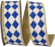 Reliant Ribbon Harlequin Solid Diamond Outline Gilded Deluxe Wired Edge Ribbon, White/Royal