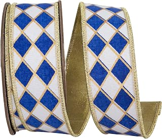 Reliant Ribbon Harlequin Solid Diamond Outline Gilded Deluxe Wired Edge Ribbon, White/Royal