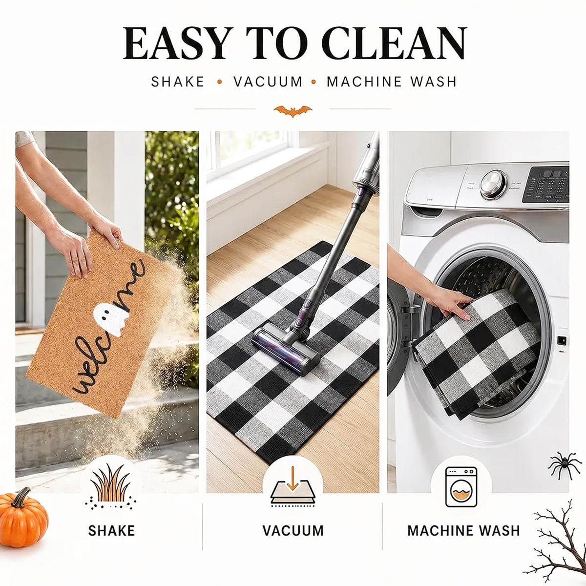 Fallovea Halloween Doormat Set, Coir Welcome Ghost Mat with Plaid Rug, Black and White