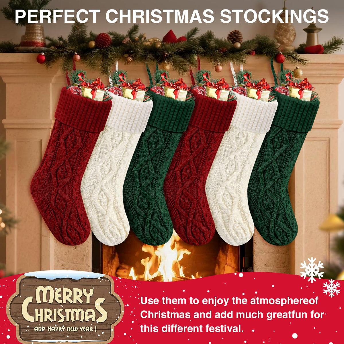 Doitory Christmas Stockings, Knitted Acrylic, 6 Pack in Red White Green