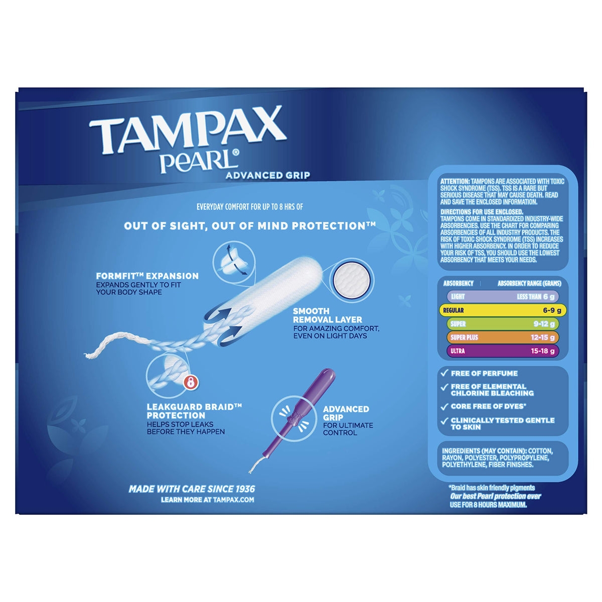 Pearl Advanced Grip Plastic Tampons Regular Unscented by Tampax – 96 Count (Pack of 1), Plastic, Model Tampax Pearl Advanced Grip Regular Absor