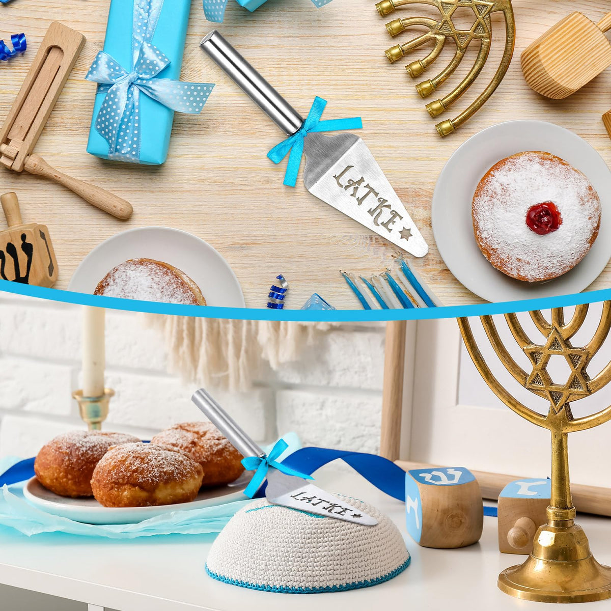 Teenyyou Hanukkah Latke Server Set, Stainless Steel, Silver with Blue Ribbons