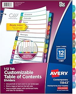 Avery Table of Contents Dividers, 12-Tab, Multicolor, 1 Set