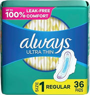 Always Ultra Thin Feminine Pads For Women, Size 1 Regular Absorbency, With Wings, Unscented, 36 Count