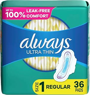 Always Ultra Thin Feminine Pads For Women, Size 1 Regular Absorbency, With Wings, Unscented, 36 Count