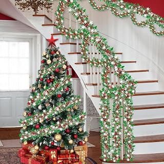 Christmas Tinsel Garland, 2M Glitter Christmas Ornaments with Snowflake & Tree Pattern, Xmas Decor for Tree, Fireplace, Indoor Outdoor(Green)