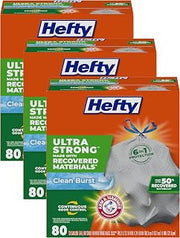 Hefty Ultra Strong Made with 50% Recovered Materials* Tall Kitchen Trash Bags,Gray,Clean Burst,13 Gallon,80 Count (Pack of 3)